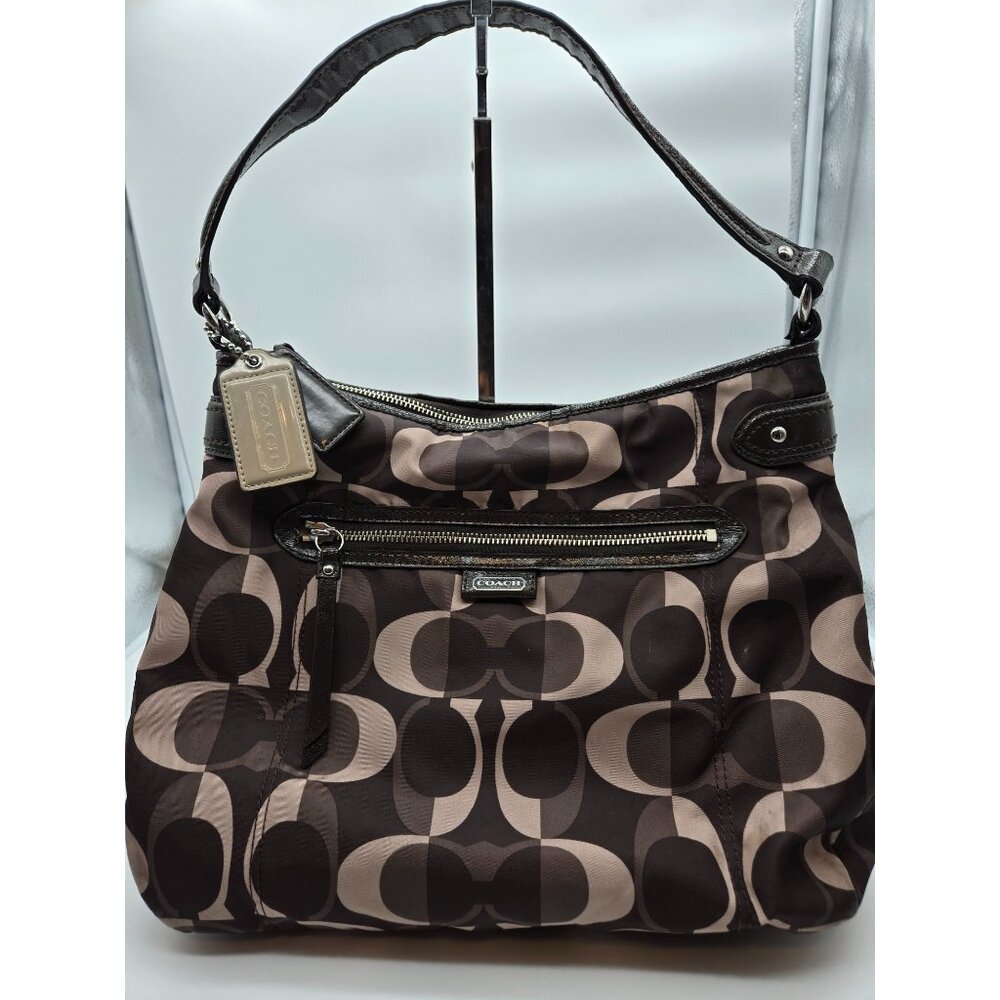 Coach G1380-F26023  Signature Hobo Brown Patent Leather Trim Bag